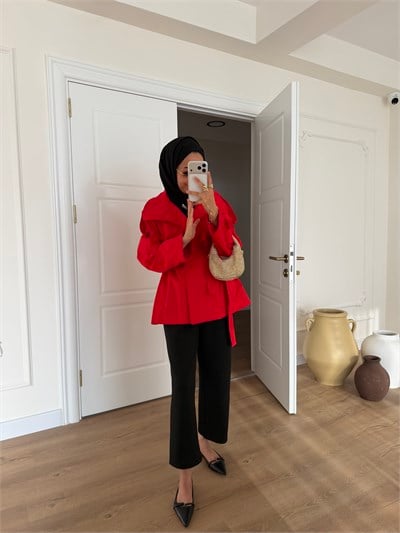 Premium Dik Yaka Trençkot - Kırmızı