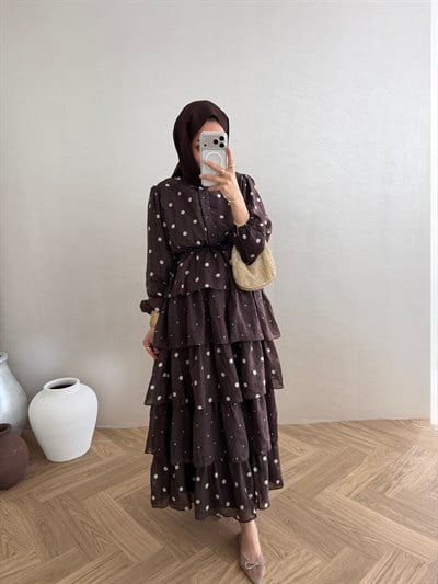 Puantiyeli Kat Kat Elbise - Kahve