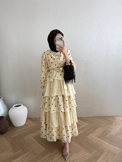 Puantiyeli Kat Kat Elbise - Kavun İçi