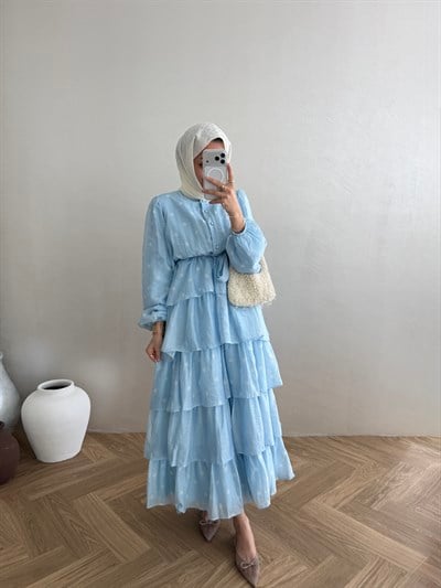 Puantiyeli Kat Kat Elbise - Mavi