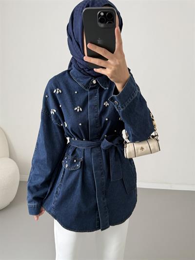 Taş İşleme Kot Ceket - Koyu Kot