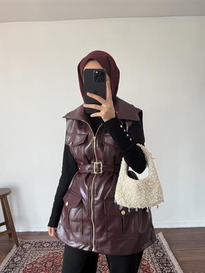 Tasarım Deri Yelek - Bordo