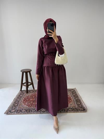 Tasarım Kemerli Elbise - Bordo