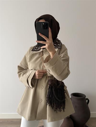 Çift Yakalı Taşlı Trençkot - Camel