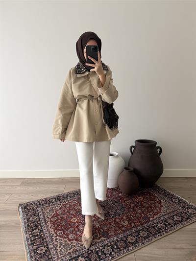 Çift Yakalı Taşlı Trençkot - Camel