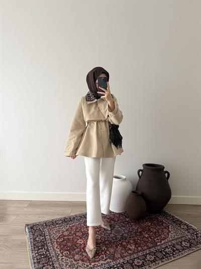 Çift Yakalı Taşlı Trençkot - Camel