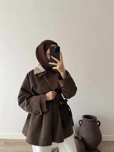 Çift Yakalı Taşlı Trençkot - Kahve