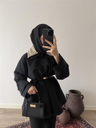 Çift Yakalı Taşlı Trençkot - Siyah