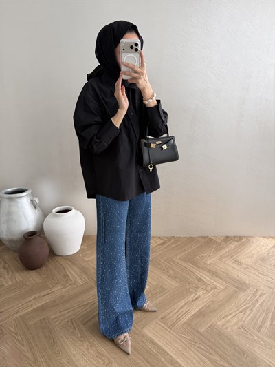 Taşlı Yüksek Bel Jean - Lacivert