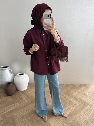 Taşlı Yüksek Bel Jean - Mavi