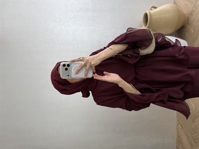 Volanlı Şifon Takım - Bordo