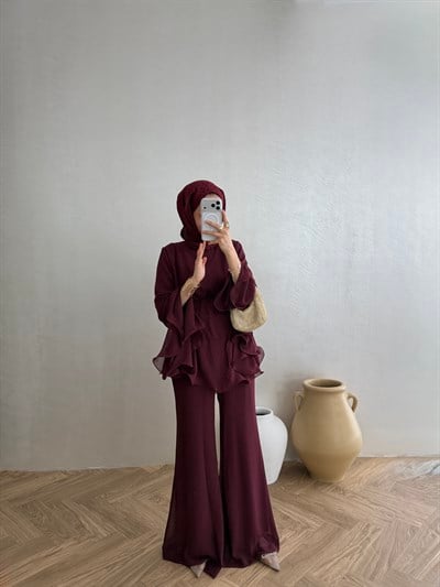 Volanlı Şifon Takım - Bordo