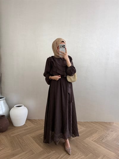 Volanlı Tensel Elbise - Kahve