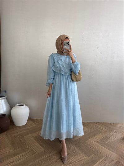 Volanlı Tensel Elbise - Mavi