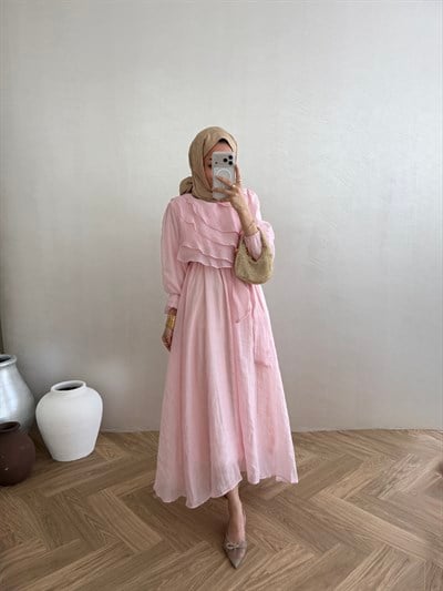 Volanlı Tensel Elbise - Pudra