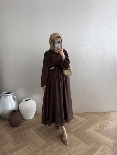 Vual Broşlu Elbise - Kahve