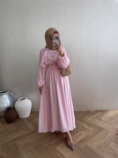 Vual Broşlu Elbise - Pudra