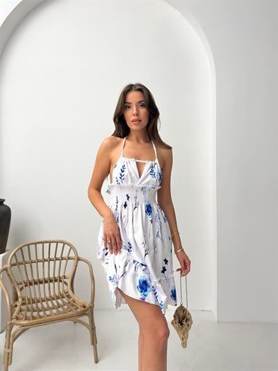 Mavi Çiçek Desenli Halter Yaka Büzgülü Mini ElbiseElbiseJeevee