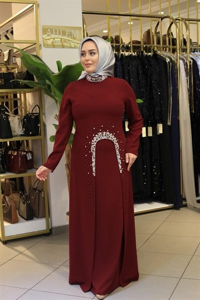 0007 KOD TAŞ DETAYLI KREP ELBİSE