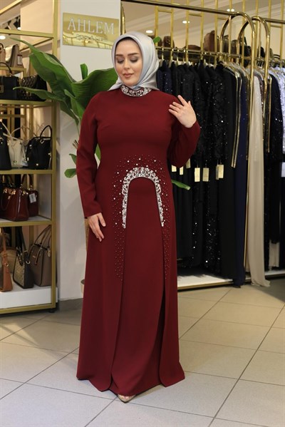 0007 KOD TAŞ DETAYLI KREP ELBİSE