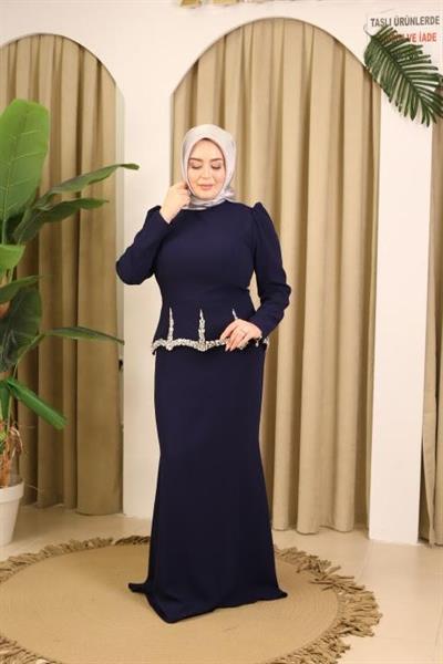 0081 KOD KRİSTAL TAŞ DETAYLI ELBİSE LACİVERT