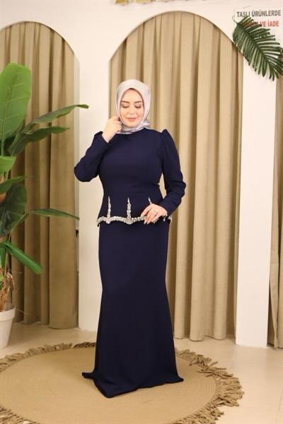 0081 KOD KRİSTAL TAŞ DETAYLI ELBİSE LACİVERT