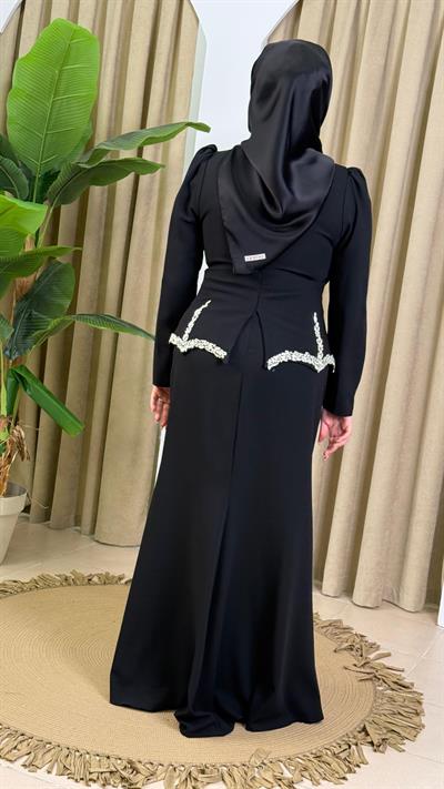 0081 KOD KRİSTAL TAŞ DETAYLI ELBİSE SİYAH