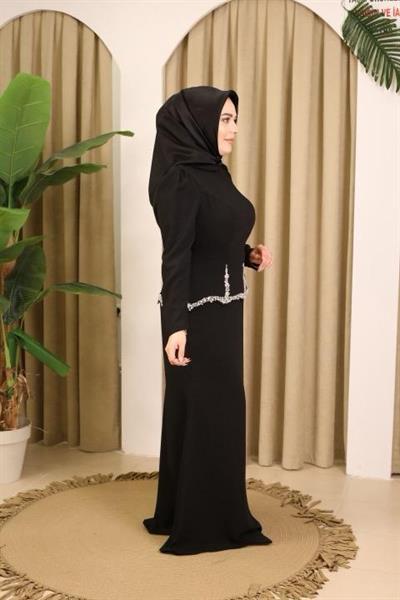 0081 KOD KRİSTAL TAŞ DETAYLI ELBİSE SİYAH