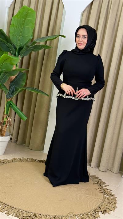0081 KOD KRİSTAL TAŞ DETAYLI ELBİSE SİYAH