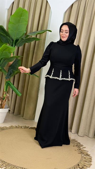 0081 KOD KRİSTAL TAŞ DETAYLI ELBİSE SİYAH