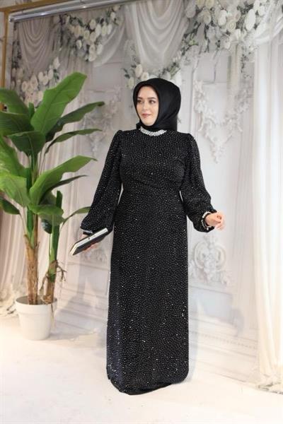 0096 KOD SERPME TAŞLI ELBİSE SİYAH