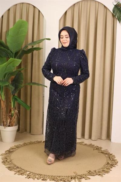 1115 KOD TAŞLI ABİYE ELBİSE LACİVERT