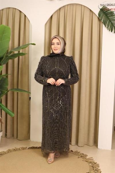 1115 KOD TAŞLI ABİYE ELBİSE YEŞİL