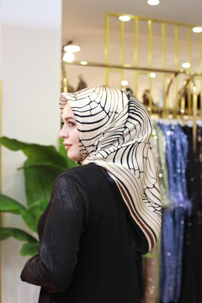 15809/02 KOD ÇİZGİ DESEN AHLEM SAF İPEK EŞARP KAHVERENGİ