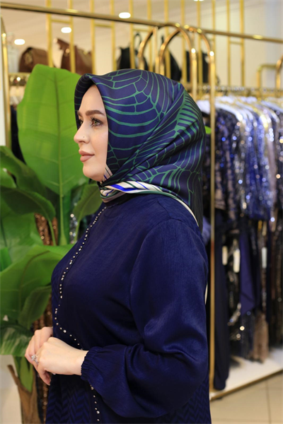 15809/14 KOD ÇİZGİ DESEN AHLEM SAF İPEK EŞARP LACİVERT