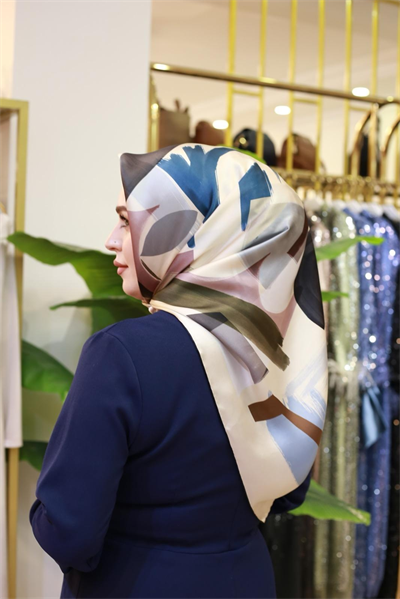 15812/7 KOD FIRÇA DESEN AHLEM SAF İPEK EŞARP MAVİ