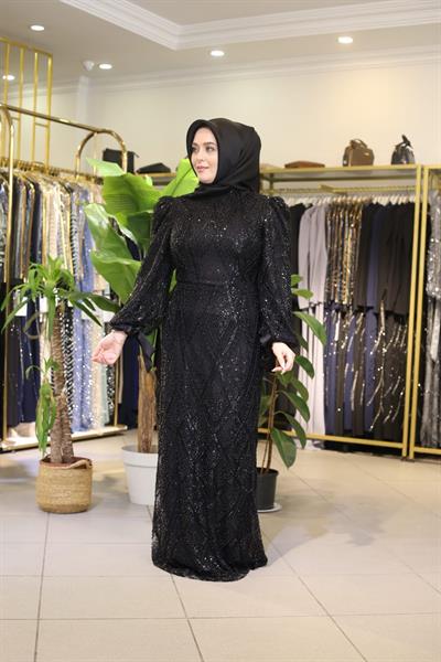 2121 KOD TAŞ İŞLEMELİ ABİYE SİYAH