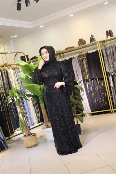 2121 KOD TAŞ İŞLEMELİ ABİYE SİYAH