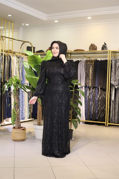 2121 KOD TAŞ İŞLEMELİ ABİYE SİYAH