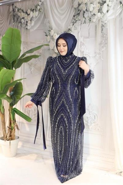 2515 CODE SLEEVES BOW TIE STONE EMBROIDERED EVENING DRESS