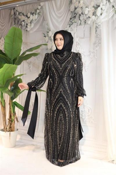 2515 CODE SLEEVES BOW TIE STONE EMBROIDERED EVENING DRESS