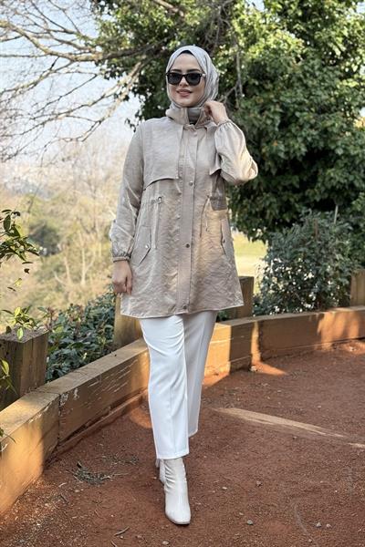 2577 KOD DESENLİ BELİ LASTİKLİ KAP BEJ