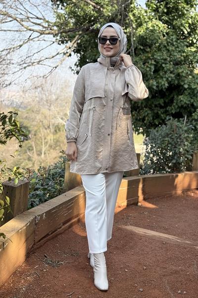 2577 KOD DESENLİ BELİ LASTİKLİ KAP BEJ