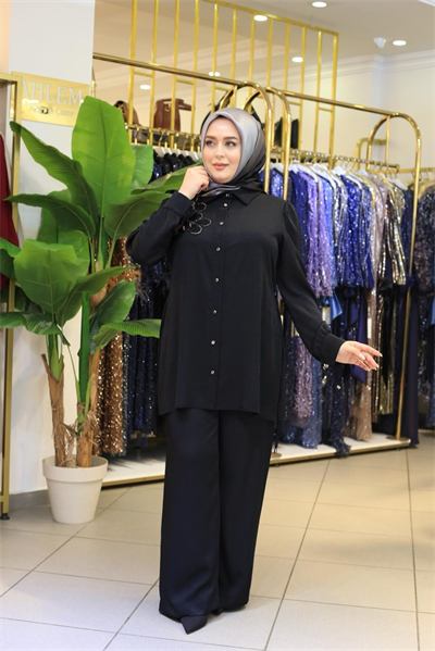 2602 KOD ÇİÇEK DETAYLI PANTOLONLU TAKIM SİYAH