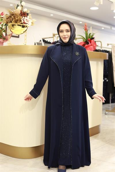 2605 KOD BRONŞLU İÇİ TAŞLI ABAYA TAKIM LACİVERT