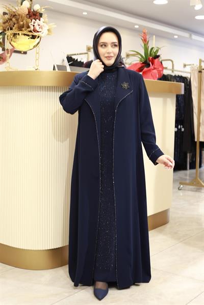 2605 KOD BRONŞLU İÇİ TAŞLI ABAYA TAKIM LACİVERT