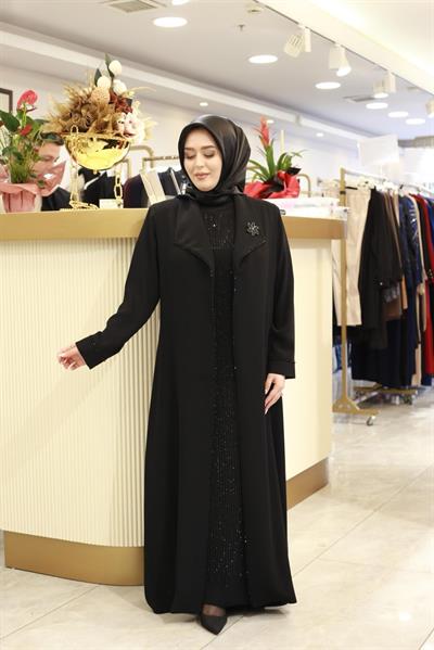 2605 KOD BRONŞLU İÇİ TAŞLI ABAYA TAKIM SİYAH