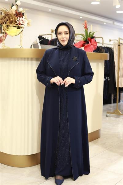 2605 KOD BRONŞLU İÇİ TAŞLI ABAYA TAKIM LACİVERT