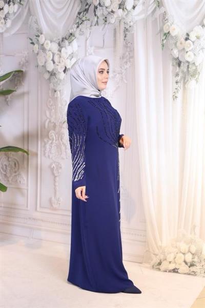 2848 KOD TAŞ İŞLEMELİ ABİYE ELBİSE LACİVERT