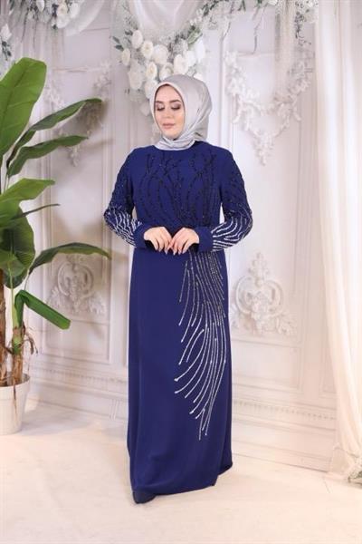 2848 KOD TAŞ İŞLEMELİ ABİYE ELBİSE LACİVERT